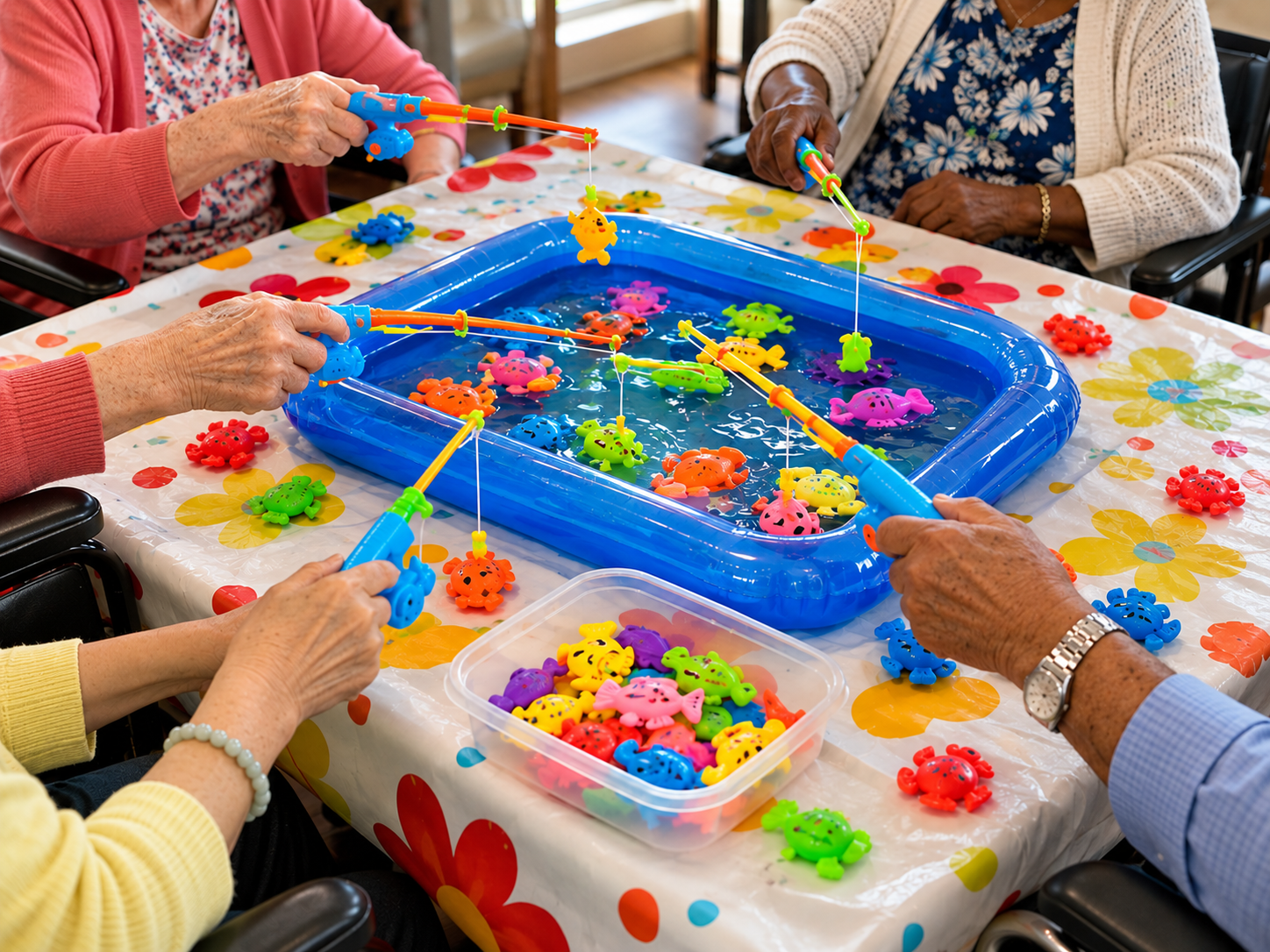 A diverse group of older adults enjoying a colorful magnetic fishing game