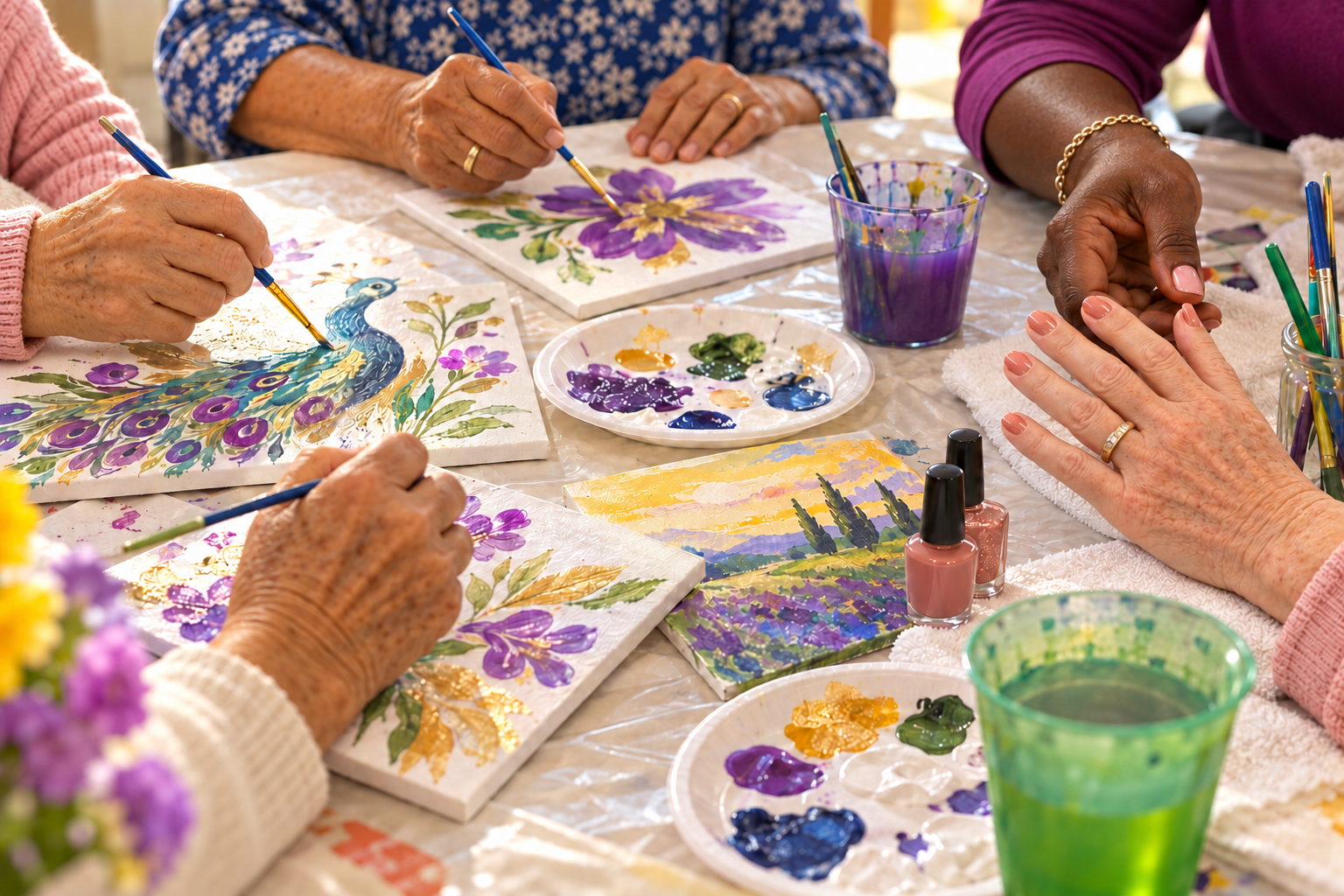A diverse group of older adults enjoying painting and nail care together