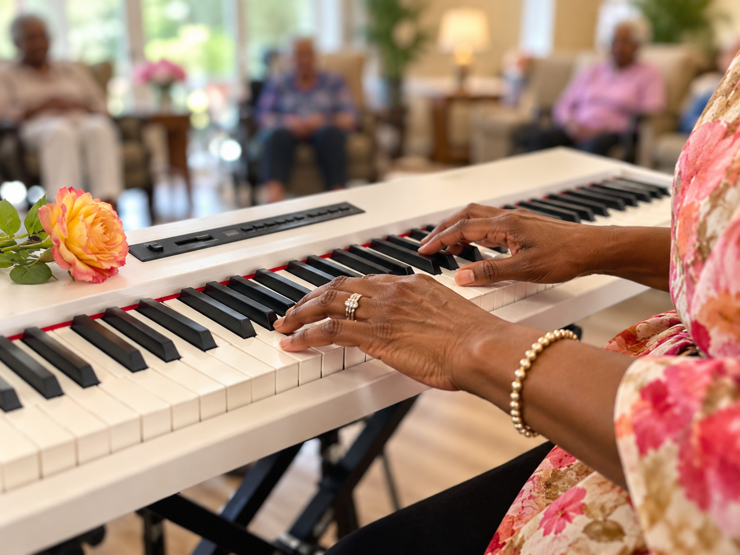 Hands playing a white keyboard during a music session